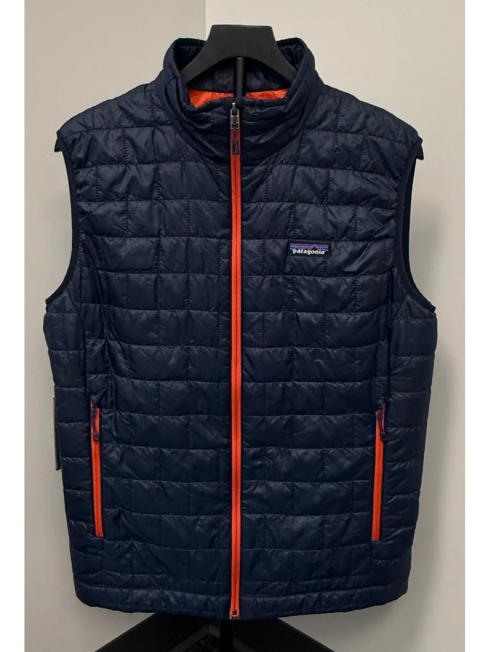 Patagonia Men’s Medium Full Zip Nano Puff Vest Navy Blue Orange Lining Jacket